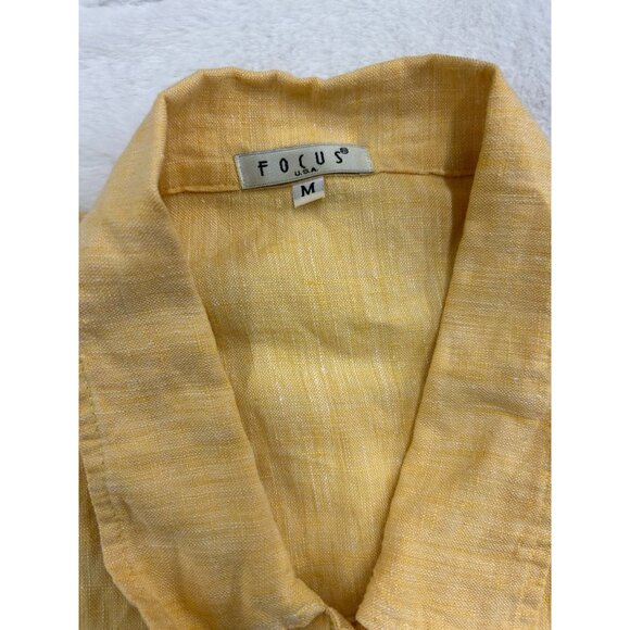 VTG Focus Medium- Yellow 100% Linen Button-Up Shirt W/ Tropical Embroidery - Picture 3 of 9